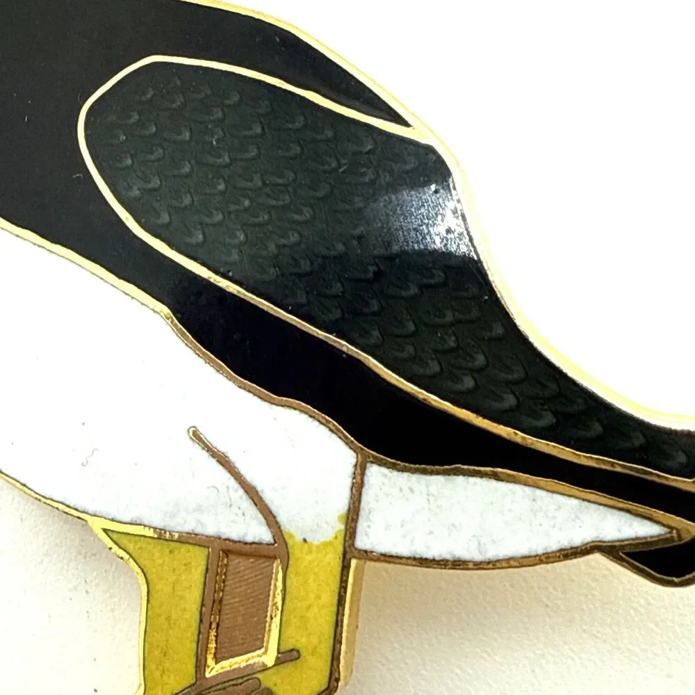 Vintage Cloisonne PUFFIN BIRD Brooch Black White Yellow Enamel Lapel Pin 2